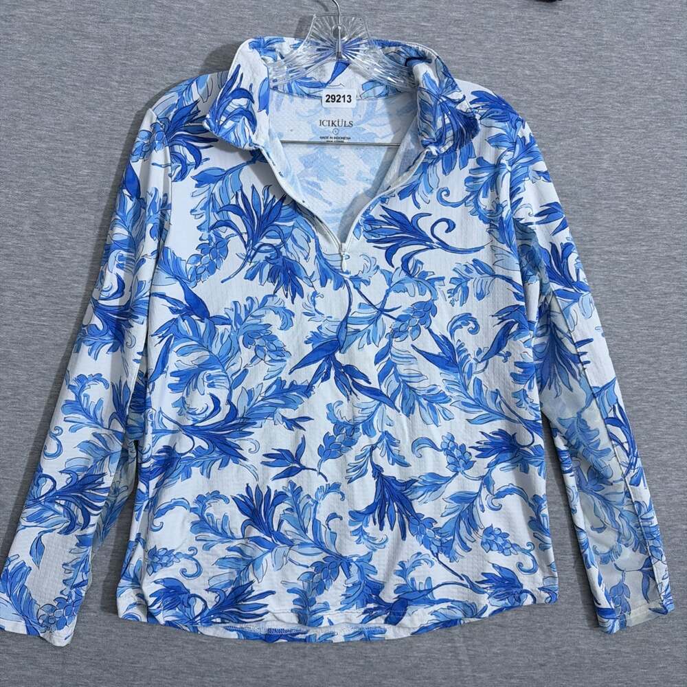 Icikuls Women's Size Large Blue Printed Polyester 1/4 Zip Long Sleeve Sun Shirt